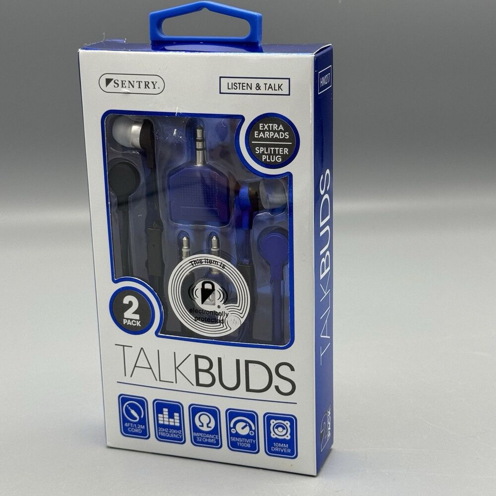 Sentry Talk Buds 2 Pairs of Buds with in-line Mics Blue Black HM217 NIB